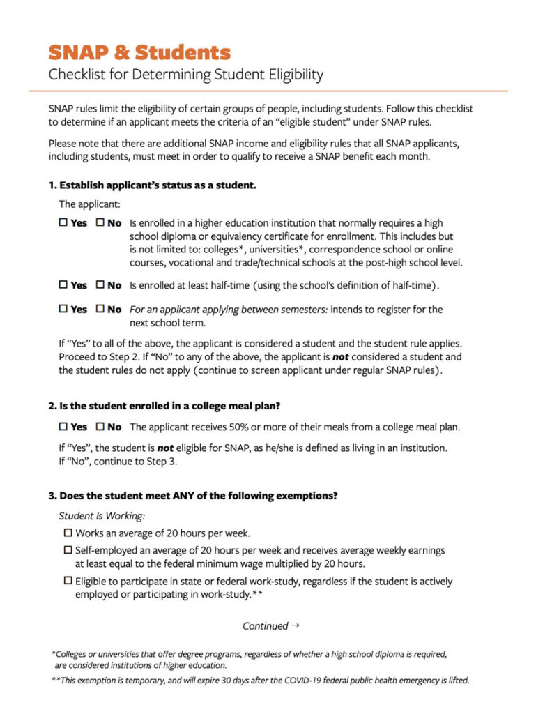SNAP Student Eligibility Checklist