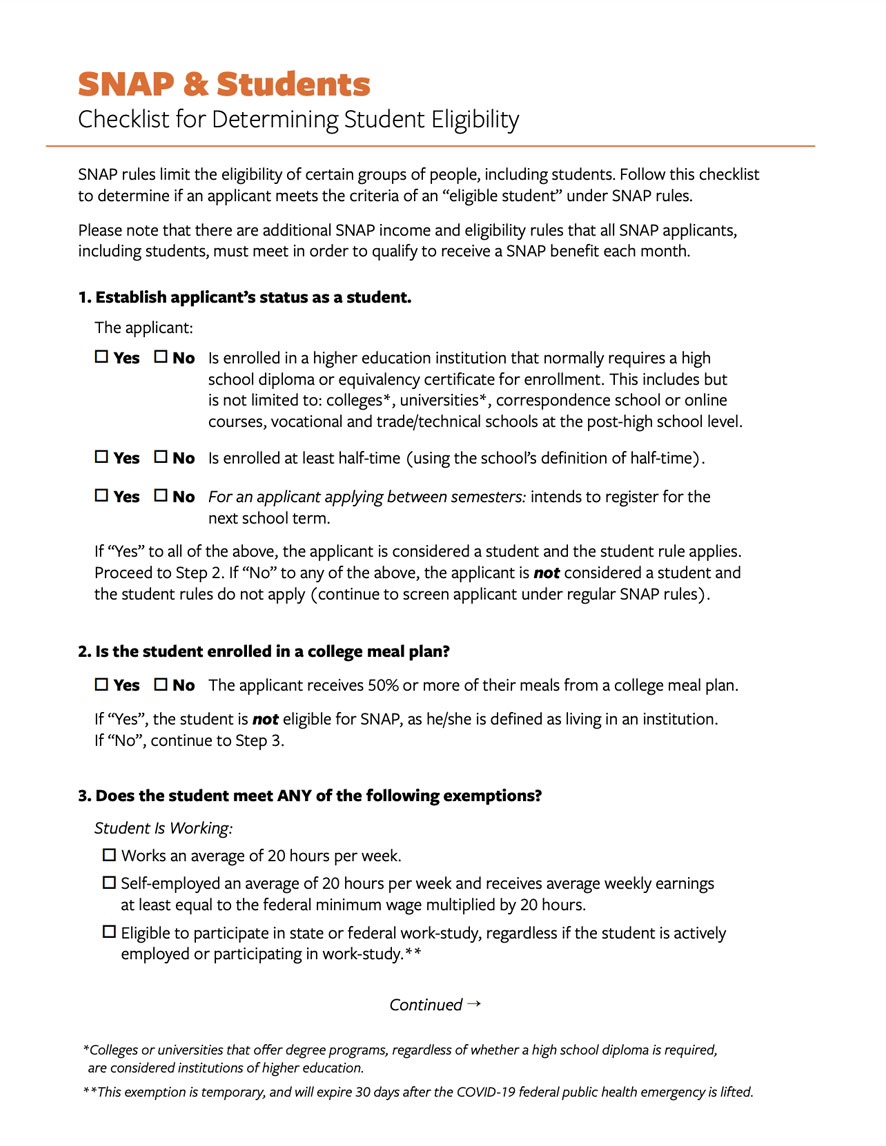 SNAP Student Eligibility Checklist Hunger Solutions New York