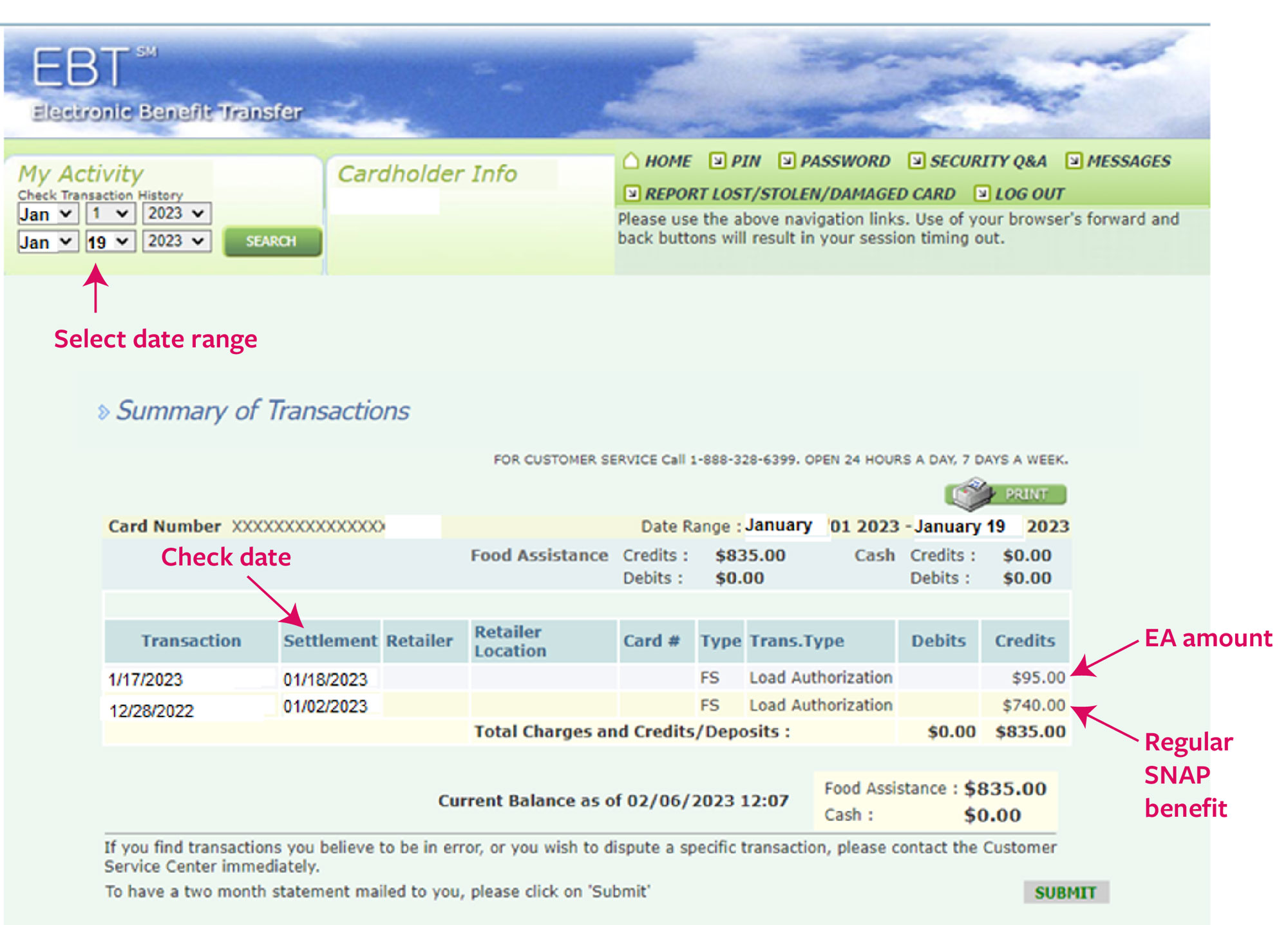 example of connect ebt transaction screen