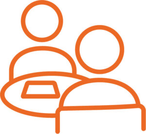 drawing of two people at a table with paperwork